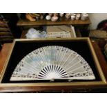 Handpainted silk fan with lace decor mounted on bo