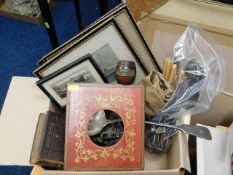 A boxed quantity of sundry items including a miniature teak barrel vesta, framed prints, plated ware