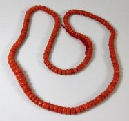 A Victorian string of coral beads 25in 51.7g