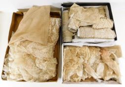 Three boxes of various antique lace including shaw