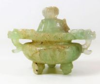 A Chinese jade censer with dog handles 3.75in wide