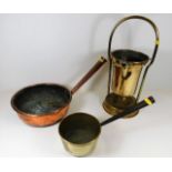 Two 19thC. copper & brass pans twinned with a brass spirit pan