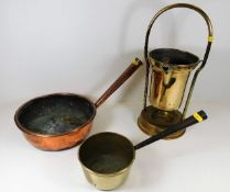 Two 19thC. copper & brass pans twinned with a brass spirit pan