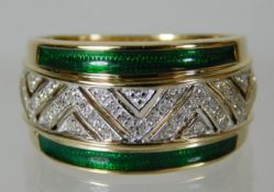 A 9ct gold ring set with diamonds & enamel banding