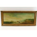 A oil painting depicting coastal scene & boat with