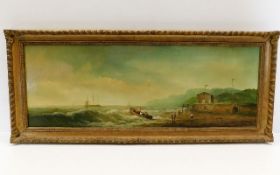 A oil painting depicting coastal scene & boat with