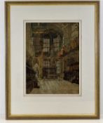 A detailed framed church interior watercolour by H