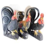 Three large carved & painted wooden chickens, tall
