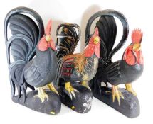Three large carved & painted wooden chickens, tall