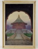 A framed watercolour of Asian temple, indistinctly