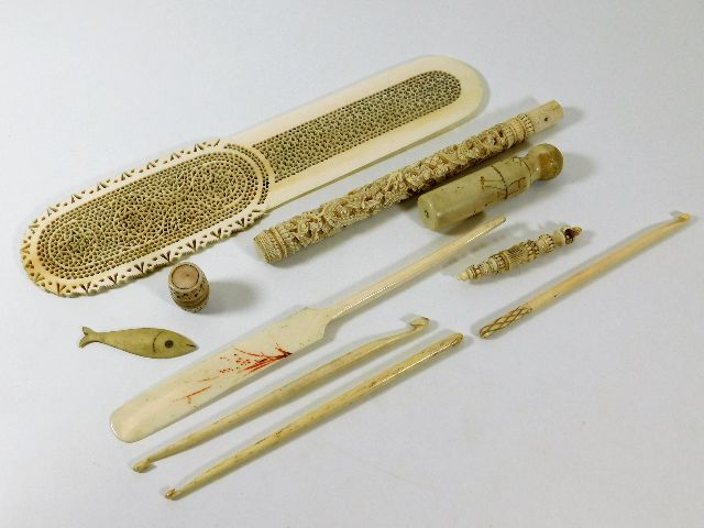 A 19thC. reticulated page turner & other ivory & b