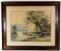 An indistinctly signed framed watercolour of cattl