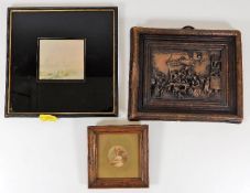 A 19thC. framed watercolour, an antique wax pictur