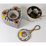 An attractive hand painted cabinet cup, a faience inkwell & a Limoge porcelain backed mirror