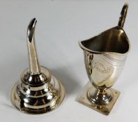 A silver plated wine funnel twinned with a plated