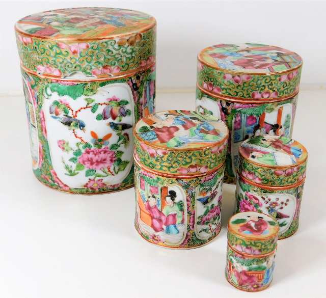 Five 19thC. Cantonese porcelain nesting jars, larg