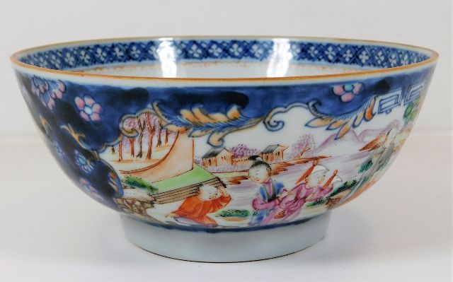 An 18thC. Chinese porcelain bowl, very faint small hairline, originally from Anthony House, Cornwall
