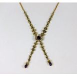 An antique 9ct gold necklace set with amethyst & p