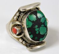 A silver ring set with turquoise & coral size X/Y
