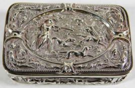 A 19thC. embossed silver tobacco box with fox hunt