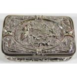 A 19thC. embossed silver tobacco box with fox hunt