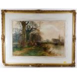 A gilt framed watercolour depicting riverside walk, indistinctly signed,possibly H.C.Fox dated 1907,