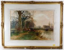 A gilt framed watercolour depicting riverside walk, indistinctly signed,possibly H.C.Fox dated 1907,