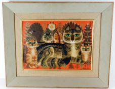 A Sheila Flinn oil on panel of mother cat with kit