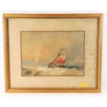 A framed seascape depicting sailboat, lighthouse &