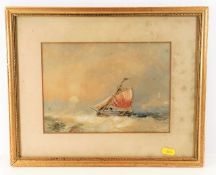 A framed seascape depicting sailboat, lighthouse &
