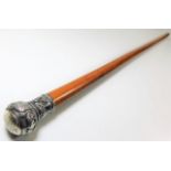 A malacca cane with embossed Chinese white metal knop 34.5in