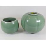 Two Royal Copenhagen green glazed vases tallest is