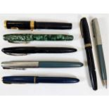 Seven pens including three Parker pens & a Swan with 14ct nib