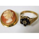 A 9ct gold ring twinned with 18ct cameo brooch a/f