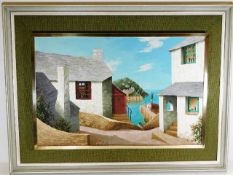 A framed harbour village scene by Colin Richardson