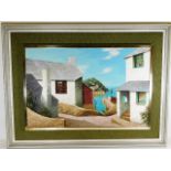 A framed harbour village scene by Colin Richardson