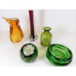 A green Dartington vase twinned with four other pi