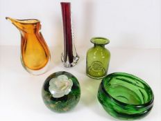 A green Dartington vase twinned with four other pi