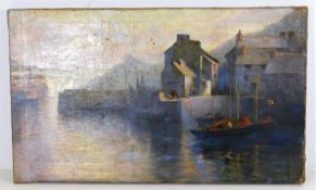 An unframed oil painting of harbour by H E Butler