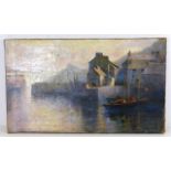 An unframed oil painting of harbour by H E Butler