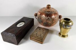 A Nader hammered copper ice holder, an enamelled b