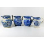 Four blue & white jugs including Worcester style j