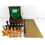 A 19thC. Staunton loaded chess set with box & Chad Valley chess board, king 4in tall, some pieces a/