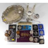 A silver plated tray, a small quantity of silver t