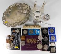 A silver plated tray, a small quantity of silver t