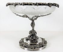 A frosted glass tazza mounted with silver plated d