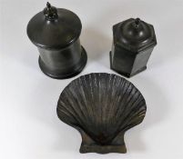 A pewter humidor, a pewter pot & a pewter shell di