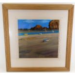 A framed oil painting depicting Cornish beach scen