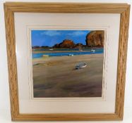 A framed oil painting depicting Cornish beach scen