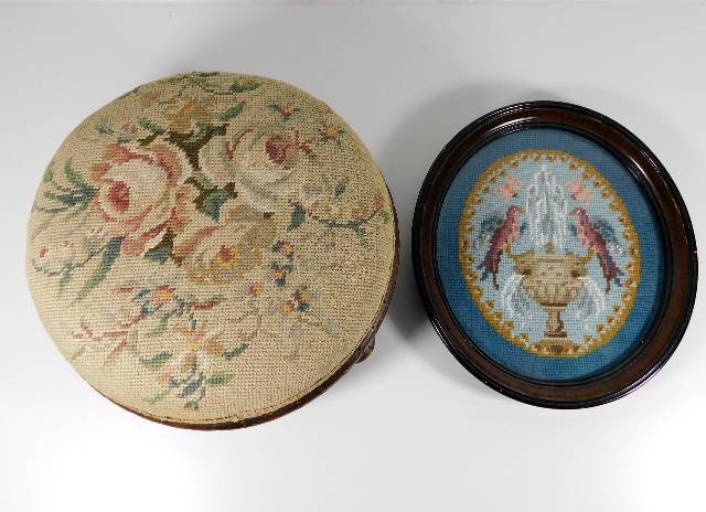 A Victorian footstool twinned with an embroidered